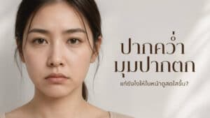 ผู้หญิงหน้าตรงที่มีสภาวะปากคว่ำและมุมปากตกอย่างชัดเจน ทำให้ใบหน้าดูเศร้า แก้ยังไงดี